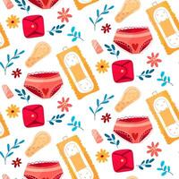 Muster von Höschen, ein Menstruation- Tasse, ein Tampon, ein Dichtung, Tabletten mit Blumen und Geäst. das Konzept von ein Frau regulär Menstruation- Zyklus. Menstruation- Zeitraum, prämenstruell Syndrom, Vektor Illustration