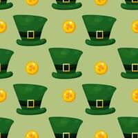 nahtlos Muster zum st. Patrick's Tag mit Grün Hüte und Gold Münzen auf Grün Hintergrund. festlich Muster zum Verpackung Design, Hintergrund und Dekor vektor