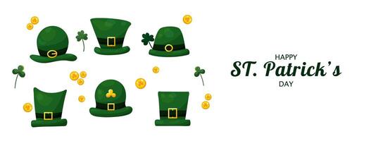 st. Patricks dag baner med grön älva hattar, mynt och vitklöver på vit bakgrund. festlig bakgrund för webb använda sig av, utskrift och unik festlig design vektor
