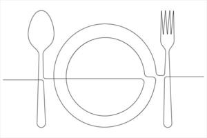 kontinuerlig enda linje teckning av mat verktyg för tallrik, sked och gaffel vektor illustration