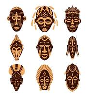 einstellen von afrikanisch ethnisch Stammes- Ritual Masken isoliert auf Weiß Hintergrund. Ritual Symbole. zwei Farben. Vektor Illustration