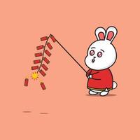 söt tecknad serie kinesisk ny år kanin spelar brand kracker vektor