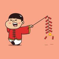 süß Karikatur Chinesisch Neu Jahr Junge spielen Feuer Cracker vektor