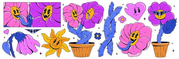 uppsättning av klistermärken med blommor i trendig retro häftig stil. psychedelic konstig tecken. blommor, Sol, taggar, solglasögon. vektor illustration.