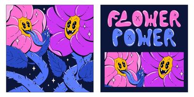 posters med psychedelic blommor. trender illustration i syra färger med ondska blommor med spikar. retro häftig stil vektor