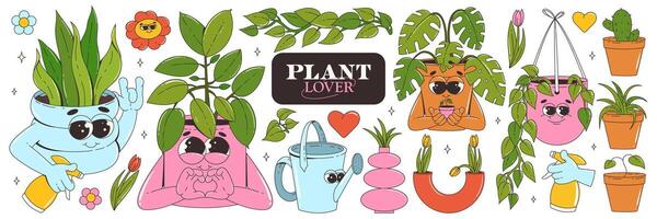 en uppsättning av klistermärken med hus växter och blommor. trendig tecknad serie retro häftig karaktär stil. monstera, ficus, kaktus, tulpan, vattning burk. vektor illustration