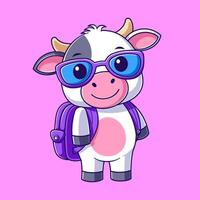 süß Kuh tragen Brille und Rucksack vektor