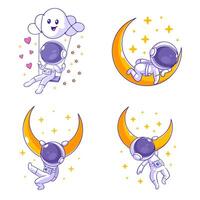 süß Astronaut hängend von das Mond, Karikatur Stil einstellen vektor