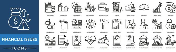finansiell frågor ikon. budget planera, kris, skuld förvaltning, kontanter strömma analys, investering portfölj, beskattning, finansiell återhämtning, kreditera Göra, finansiell tillväxt och finansiell risk vektor