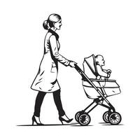 kvinna på en promenad med sittvagn från familj vektor bild