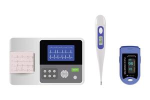 medizinisch Ausrüstung Symbole. Tonometer, Thermometer, Impuls Oximeter, EKG vektor