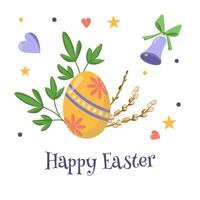 Vektor Farbe Karte mit Ostern Eier, Glocke und Blätter. Ostern Ei jagen Einladung Vorlage auf Weiß Hintergrund. Ostern religiös Urlaub Konzept.