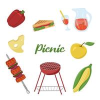 Vektor Illustration von Picknick Essen und Getränke. farbig Grill Karte. Familie Wochenende Artikel. Grill Elemente. Bild von Gemüse, Früchte, Getränke und Picknick Artikel.