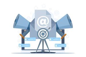 Email Marketing Konzept, online Geschäft Strategie, Werbung, Email Newsletter, Nachricht, Marketing Material zum Landung Buchseite, Netz, Sozial Medien, Infografiken. eben Vektor Illustration.