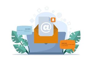 Email Marketing Konzept, online Geschäft Strategie, Werbung, Laptop und Öffnung Email, E-Mails und Mitteilungen, Email Marketing Kampagne, Arbeit Verfahren, Neu Email Nachricht, eben Vektor Illustration.