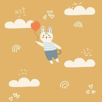söt barnslig bohemisk kaniner flyga med innehav ballong, moln, klotter illustration lämplig för barn produkt design vektor