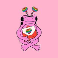 süß Frosch mit Symbole einstellen im Regenbogen Farben. Vektor Illustration. Stolz Monat