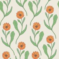 färgrik sömlös mönster med orange calendula blommor hand dragen i retro stil. skön blommande medicinsk och kulinariska ört. naturlig vektor illustration för textil- skriva ut, omslag papper.