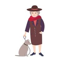 lächelnd alt Dame gekleidet im elegant Kleidung halten im Leine grau Hund Sitzung neben ihr. weiblich Karikatur Charakter Gehen ihr Haustier isoliert auf Weiß Hintergrund. farbig Vektor Illustration.