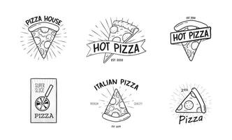 Sammlung von einfarbig Logos mit Pizza Scheiben und Rad Cutter Hand gezeichnet im retro Stil. Vektor Illustration im schwarz und Weiß Farben zum Logo von Italienisch Restaurant, Essen Lieferung Service.