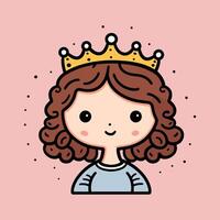 tecknad serie prinsessa barn. söt illustration av flicka bär guld krona och blå klänning eller skjorta. leende unge med brun lockigt hår på rosa bakgrund vektor
