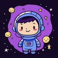 glücklich Karikatur Astronaut mit lila Haar und Helm ist umgeben durch Sterne und Planeten. lächelnd Raumfahrer Junge. Vektor Illustration