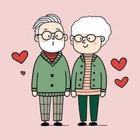 söt äldre par. två gammal människor, känsla kärlek, bär grön tröjor. vektor gammal män och kvinnor med vit hår