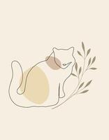 ett linje Sammanträde katt vektor illustration med abstrakt former och växt gren, löv beige färger