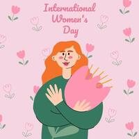 kvinna håll en rosa blomma. internationell kvinnors dag. Mars 8. Begagnade för hälsning kort, och affisch design. vektor