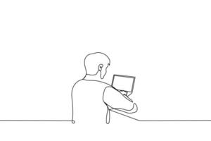 Mann sitzt im Vorderseite von ein öffnen Laptop beim das Tabelle - - einer Linie Zeichnung Vektor,. Freiberufler Arbeiten von Zuhause oder Coworking vektor