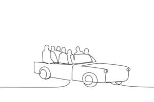 Jahrgang Cabrio Auto gefüllt mit Menschen Sitzung im es - - einer Linie Zeichnung Vektor. Konzept von überfüllt Transport mit Passagiere, Ausflug mit freunde vektor