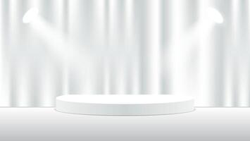 3d vit podium bakgrund med gardiner och lampor för visa produkt presentation. vektor illustration