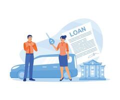 Mann kauft ein ein Auto mit Geld geliehen von das Bank. Auto Kredit. genehmigt Darlehen Konzept. eben Vektor Illustration.