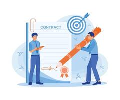 affärsman signering en företag kontrakt använder sig av en penna. kontrakt avtal begrepp. platt vektor illustration.