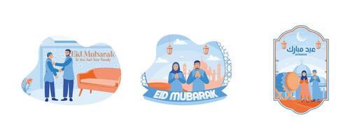 skaka händer och förlåta varje Övrig. en muslim par är ordspråk eid al-fitr hälsningar. muslim barn Välkommen eid al-fitr. Lycklig eid mubarak begrepp. uppsättning platt vektor illustration.