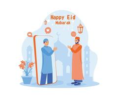 två muslim män förlåta varje Övrig via video ringa upp. fira eid al-fitr under de pandemisk. Lycklig eid mubarak begrepp. platt vektor illustration.