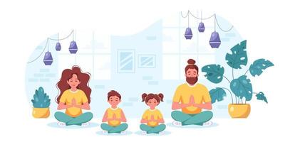 Familie macht Yoga, Meditation im gemütlichen Interieur. Familie verbringt Zeit zusammen zu Hause vektor