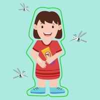 flicka tillämpa mygga avstötningsmedel lotion på henne ärm till skydda mygga bita vektor