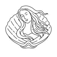 Venus mit fließend Haar auf Muschel Schale Mono Linie Kunst vektor
