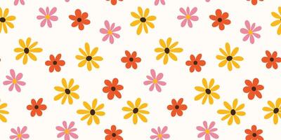sömlös mönster med hand dragen gul, rosa, orange enkel blommor på vit bakgrund. för textil, tapet, omslag. vektor