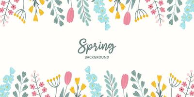 Frühling horizontal festlich Banner auf Weiß Hintergrund mit Platz zum Typografie im eben Vektor Stil. Hand gezeichnet Blühen bunt Blumen, Grün Blätter. saisonal botanisch Vorlage.