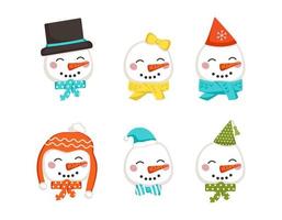 uppsättning av söt snögubbe i barnstil med festliga dekorationer för semester, nyår och jul. rolig karaktär med kepsar och rosetter. platt vektor illustration