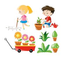 Jungen und Mädchen mit verschiedenen Pflanzen vektor