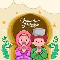 Paar Kinder Charakter Gruß glücklich Ramadan und eid Mubarak Feier Vektor Illustration. Muslim Karikatur Charakter im eben Stil.