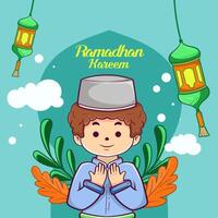 Kind Junge Charakter Gruß glücklich Ramadan und eid kareem Feier Vektor Illustration. Muslim Karikatur Charakter im eben Stil.