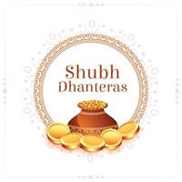 shubh dhanteras religiös affisch med gyllene mynt och kalasha vektor