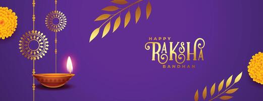 glücklich Raksha Bandhan Festival Banner mit realistisch Diya Design und golden Blätter vektor