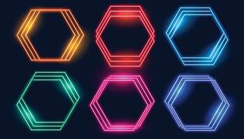 hexagonal neon ramar uppsättning av sex färger vektor