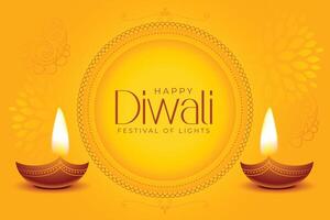 Lycklig diwali baner med diya design i gul bakgrund vektor