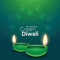 realistisk diya design för grön diwali hälsning bakgrund vektor